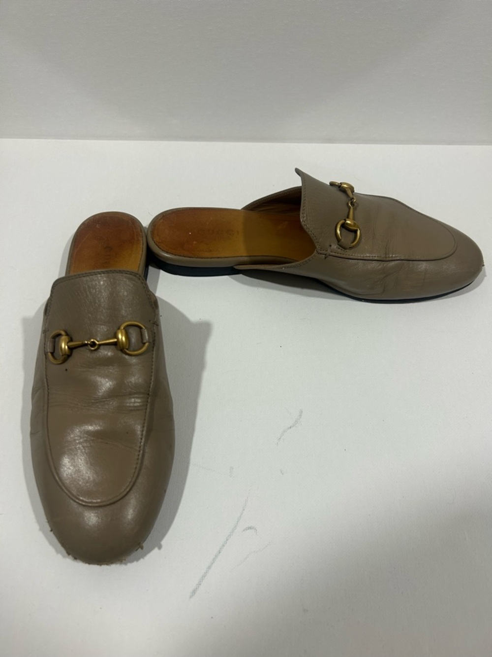 Gucci Princetown Taupe Leather Horsebit Mule Loafers - Picture 2 of 5